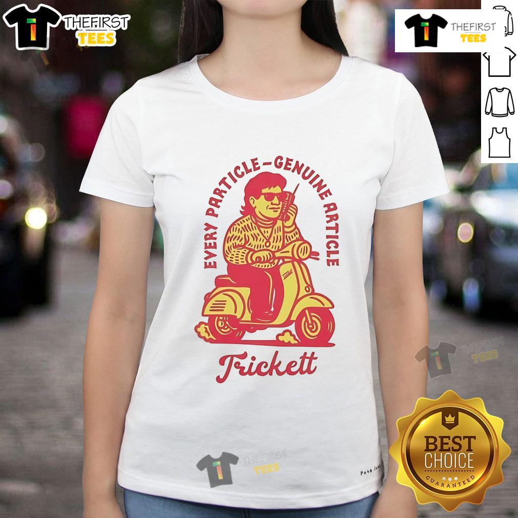 Nice Trickett England Every Particle Genuine Article Scooter Ladies Tee featuring vibrant design and comfortable fit.