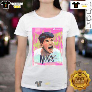 Alt Text: Carlos Alcaraz celebrates as the 2025 Italian Open ATP Masters 1000 Champion, wearing a stylish ladies tee.