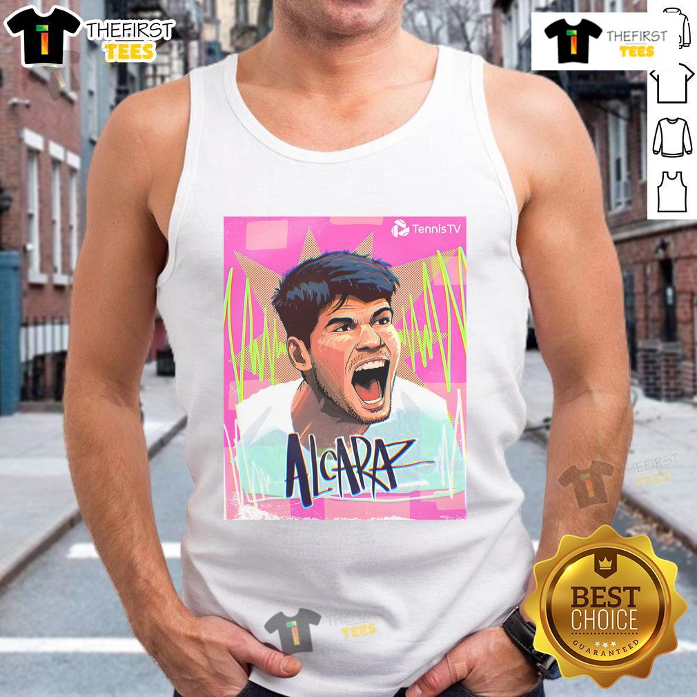 Carlos Alcaraz celebrates winning the 2025 Italian Open in Rome, wearing a tank top, ATP Masters 1000 Champion.