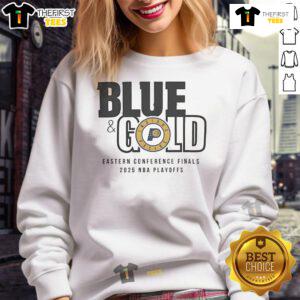 Official 2025 NBA Eastern Conference Finals Indiana Pacers blue and gold sweatshirt for fans and collectors.