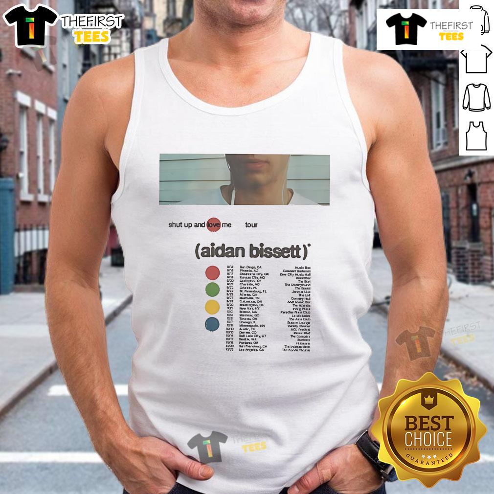 Aidan Bissett Shut Up and Love Me Tour 2025 tank top featuring vibrant graphics and artist branding.