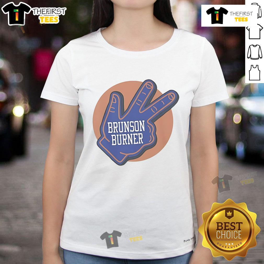 Official Brunson Burner New York Knicks Ladies Tee in vibrant blue, perfect for female fans showing team pride.