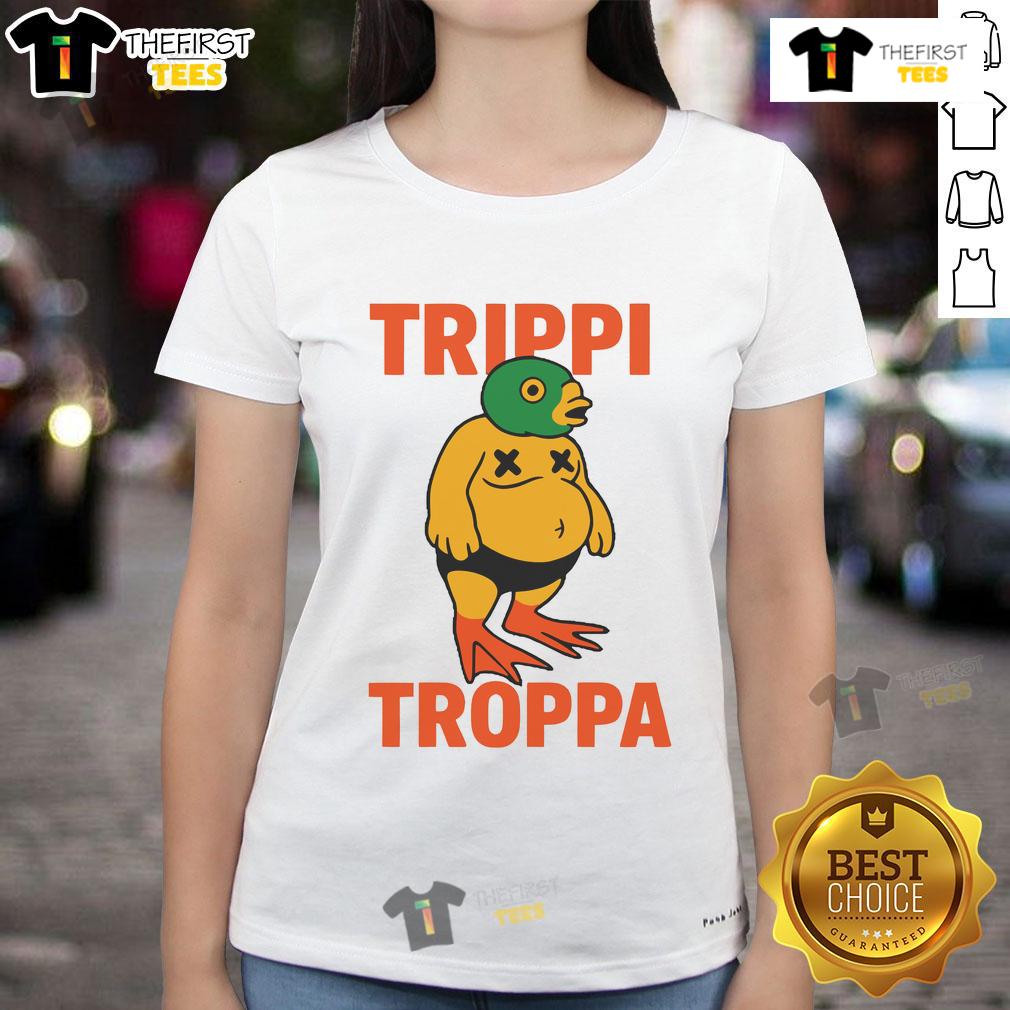Alt Text: Crawly Goat Trippi Troppa Ladies Tee featuring vibrant design and comfortable fit for casual wear.