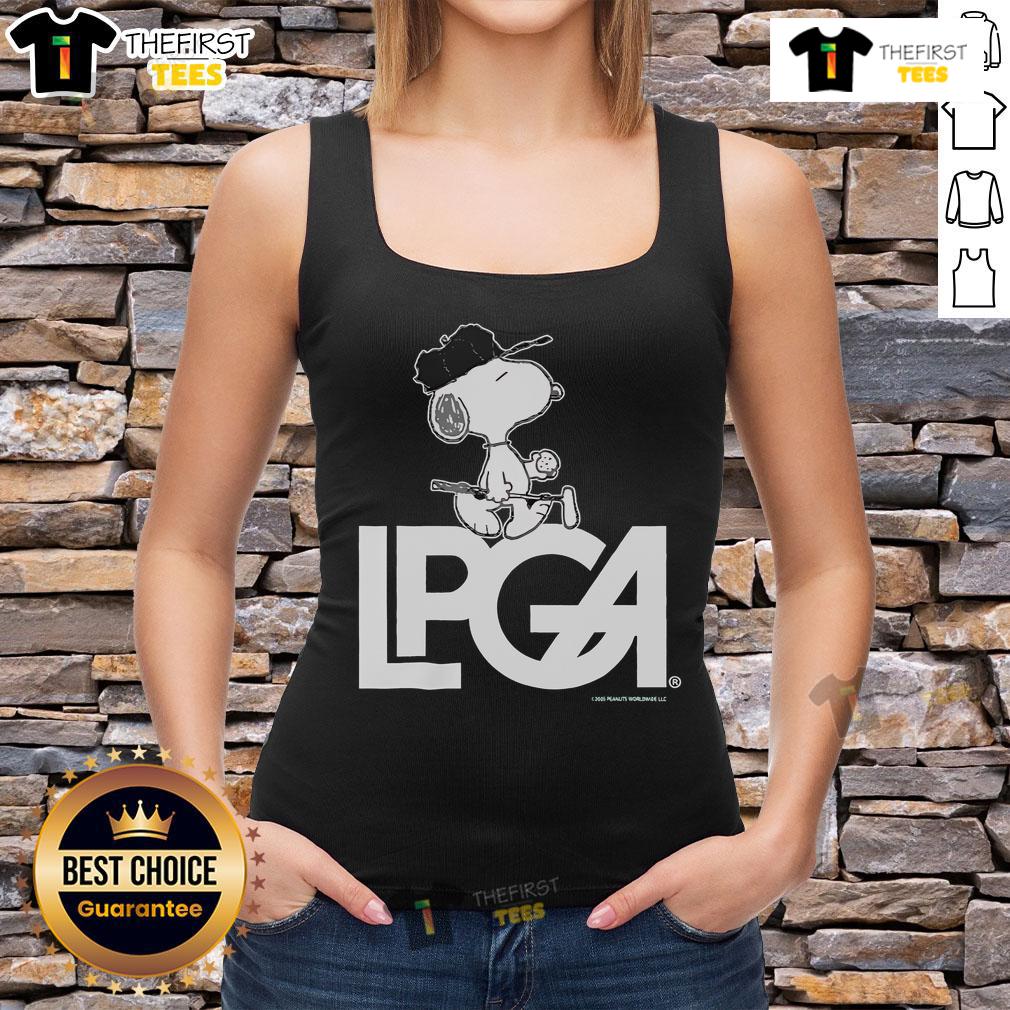 Official Peanuts X LPGA Snoopy Tank Top featuring a playful Snoopy graphic, perfect for golf enthusiasts and fans alike.
