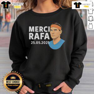 Alt Text: Official Roland Garros Merci Rafa Sweatshirt featuring a stylish design for tennis fans celebrating Rafael Nadal.