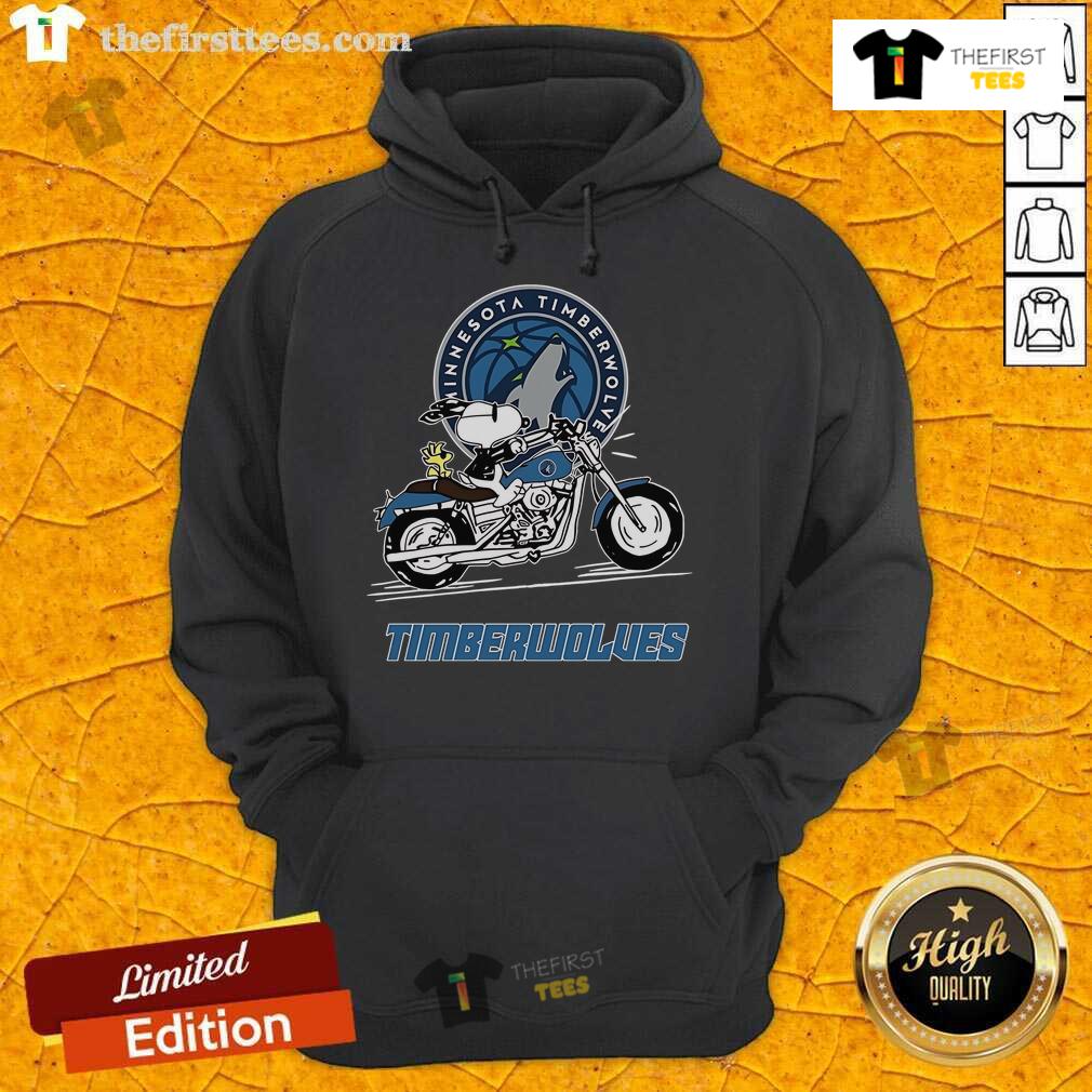 Alt Text: Official Snoopy and Woodstock driving a motorbike on a Minnesota Timberwolves hoodie, perfect for fans and collectors.