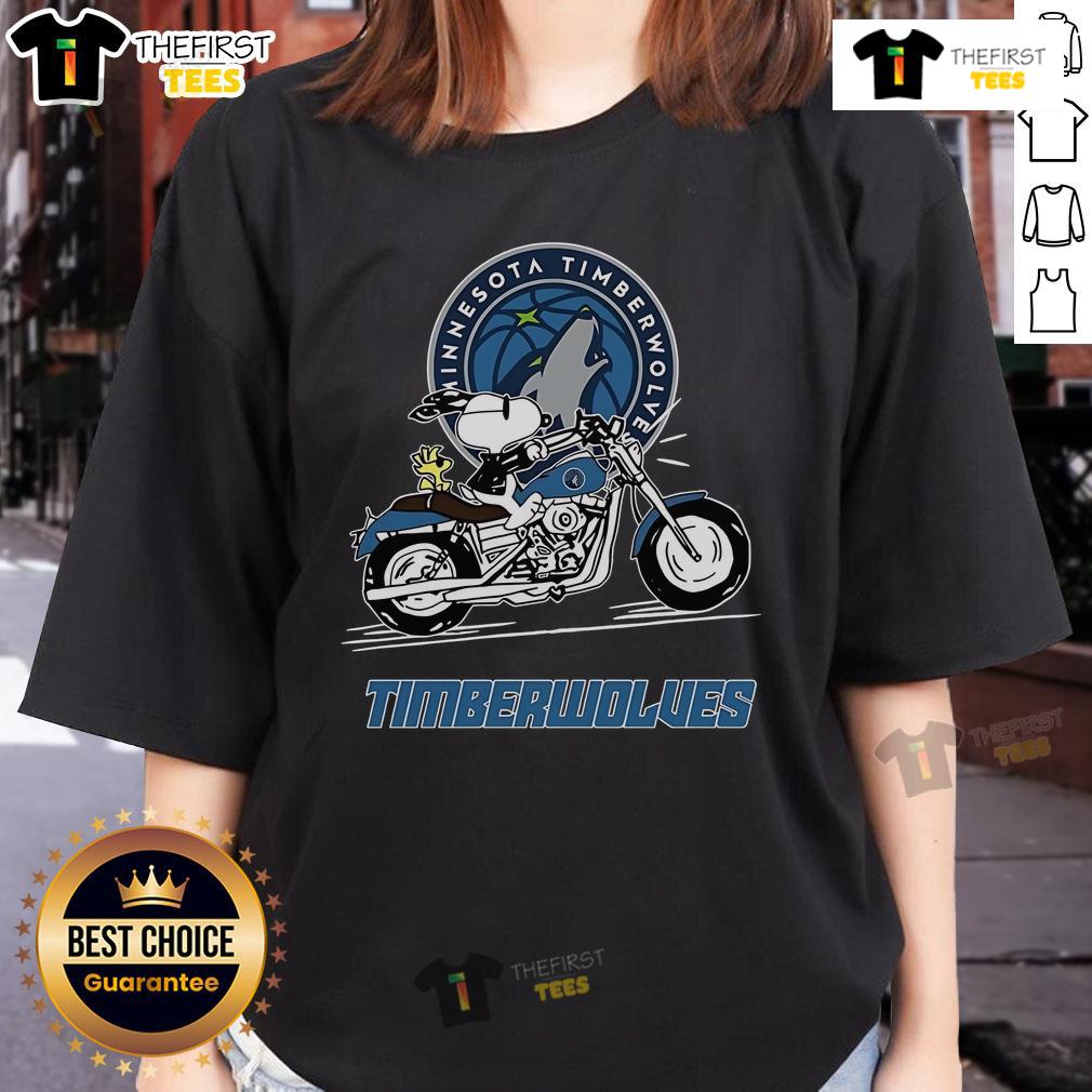 Official Snoopy and Woodstock driving motorbike on Minnesota Timberwolves ladies tee shirt design.