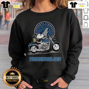 Alt Text: Snoopy and Woodstock riding a motorbike on a Minnesota Timberwolves sweatshirt design.