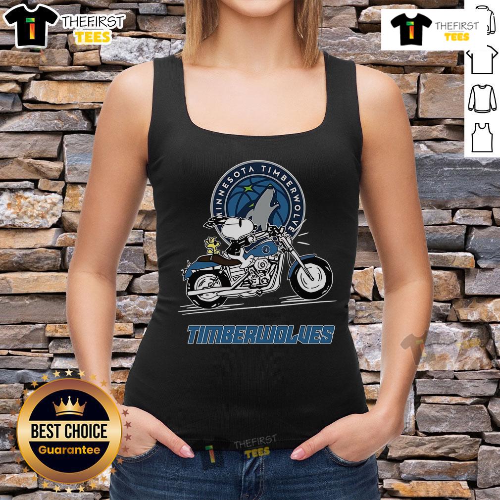 Snoopy and Woodstock riding a motorbike on a Minnesota Timberwolves tank top, showcasing playful sports apparel.