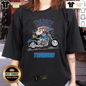 Alt Text: Snoopy and Woodstock riding a motorbike on an Oklahoma City Thunder ladies tee, perfect for fans.