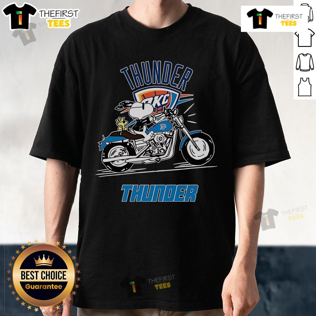 Official Snoopy and Woodstock driving a motorbike on Oklahoma City Thunder T-Shirt design, vibrant and playful graphics.