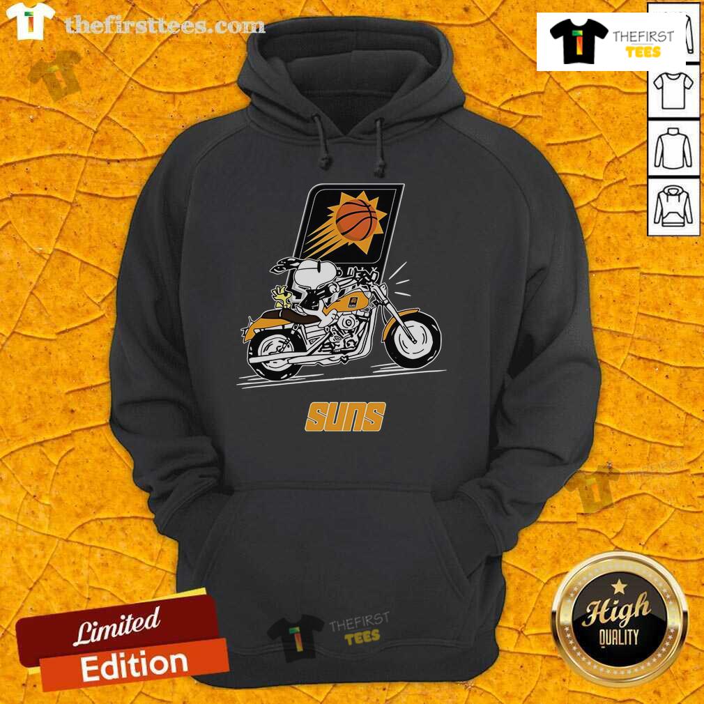 Alt Text: Snoopy and Woodstock riding a motorbike on a Phoenix Suns hoodie, showcasing a fun and vibrant design.
