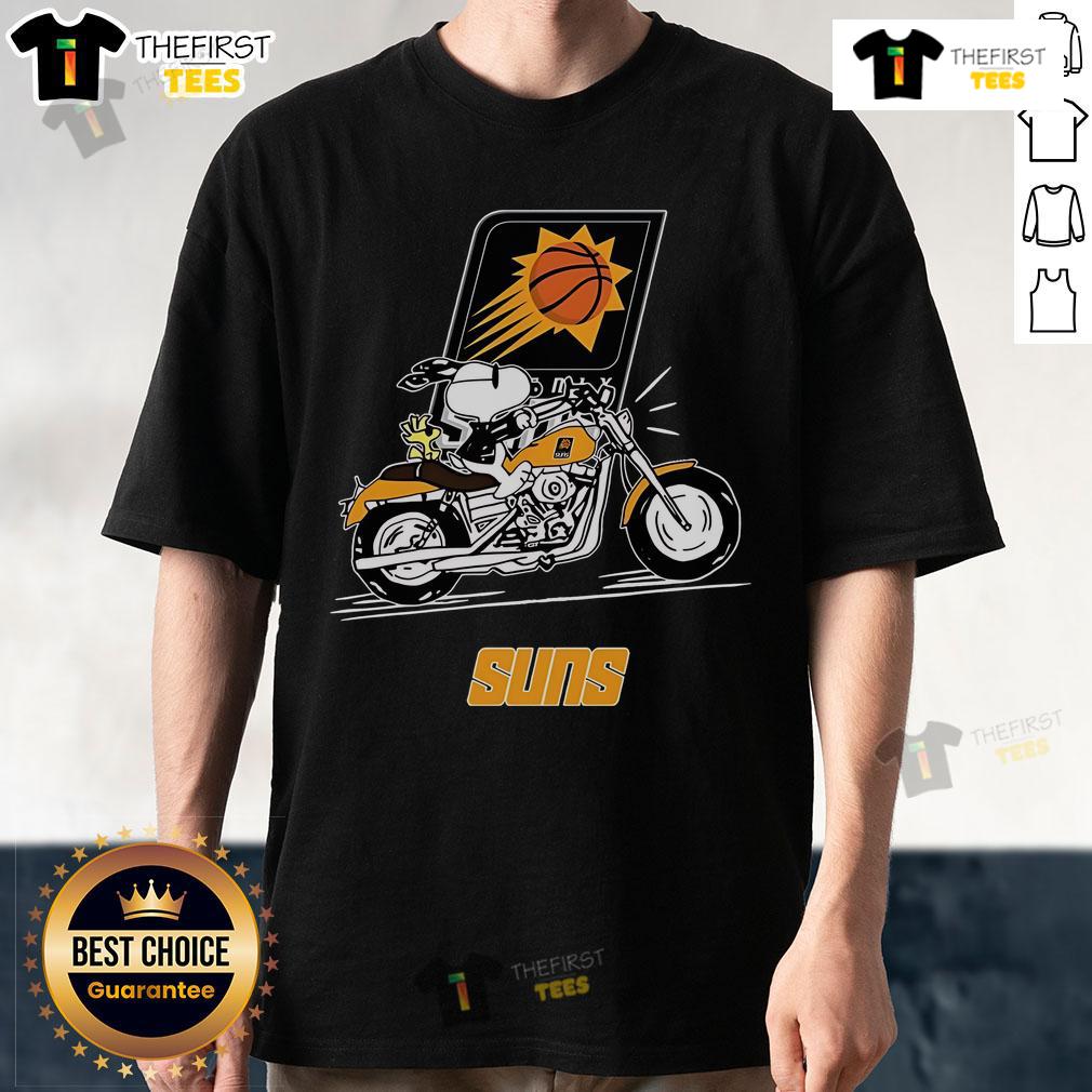 Alt Text: Official Snoopy and Woodstock driving motorbike graphic on Phoenix Suns T-Shirt, perfect for fans and collectors.