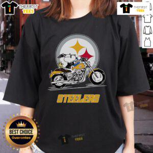 Alt Text: Official Snoopy and Woodstock driving a motorbike on Pittsburgh Steelers ladies tee shirt design.