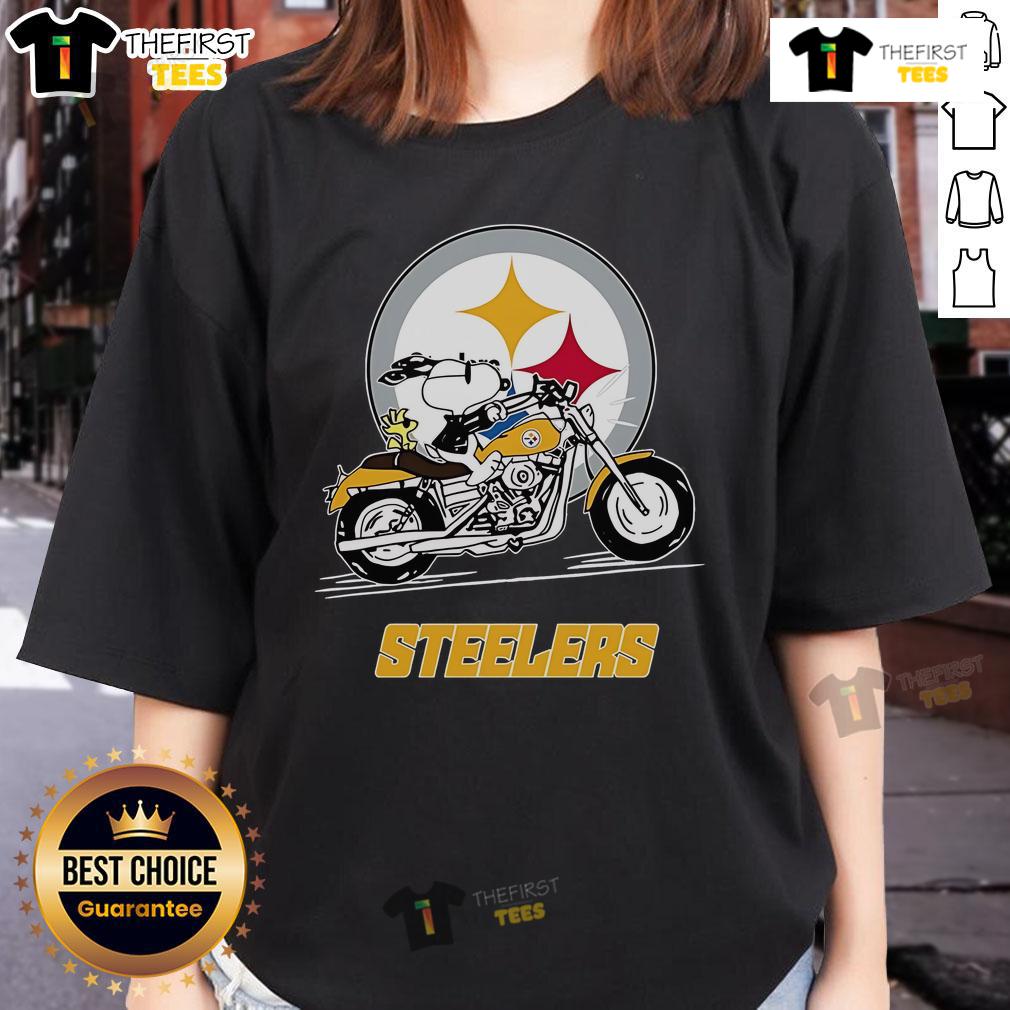 Alt Text: Official Snoopy and Woodstock driving a motorbike on Pittsburgh Steelers ladies tee shirt design.