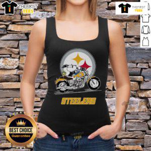 Alt Text: Snoopy and Woodstock riding a motorbike in a Pittsburgh Steelers tank top, showcasing fun sports-themed apparel.