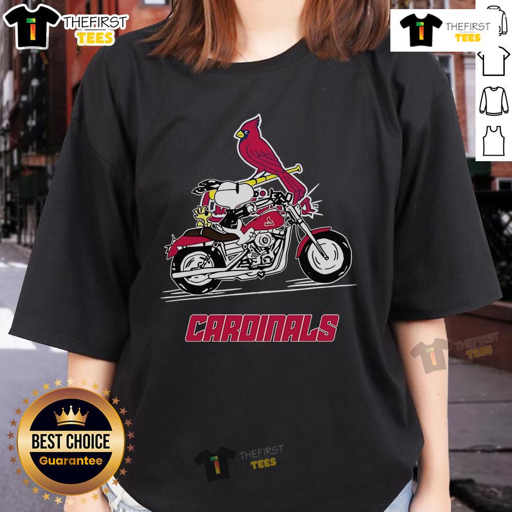 Official Snoopy and Woodstock driving a motorbike on St. Louis Cardinals ladies tee shirt design.