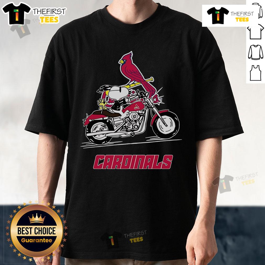 Alt Text: Official Snoopy and Woodstock driving motorbike on St. Louis Cardinals t-shirt, perfect for fans and collectors.