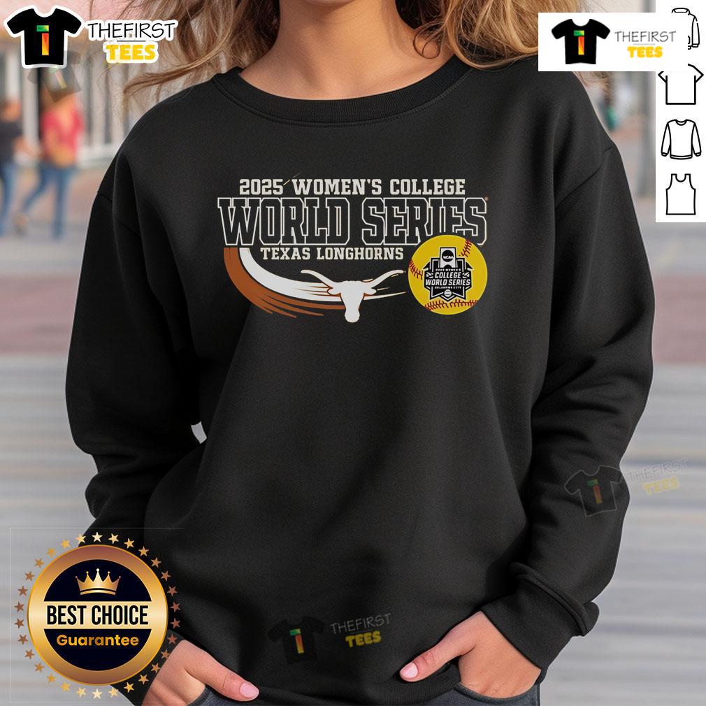 Official Texas Longhorns women's softball 2025 CWS Bound sweatshirt featuring team colors and logo.