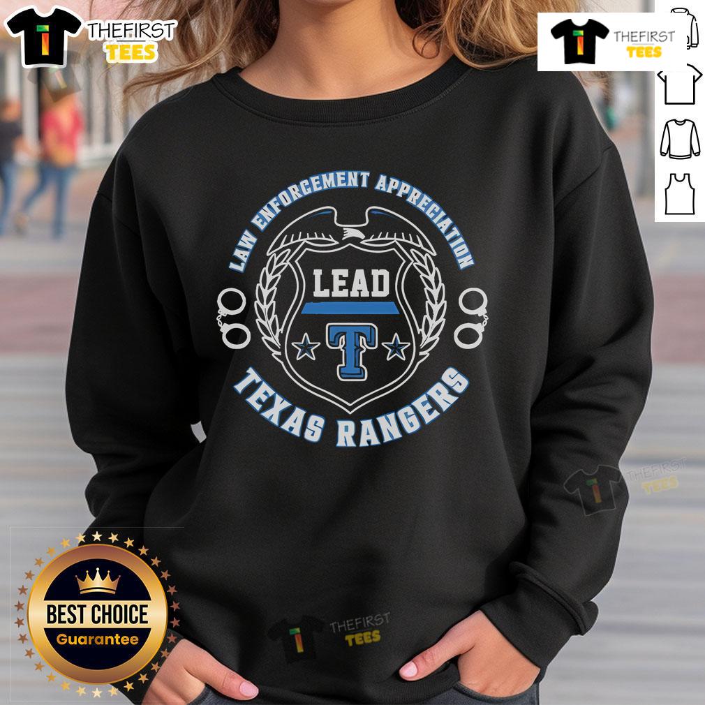 Official Texas Rangers Law Enforcement Appreciation Day 2025 sweatshirt featuring the Texas Rangers logo and commemorative design.