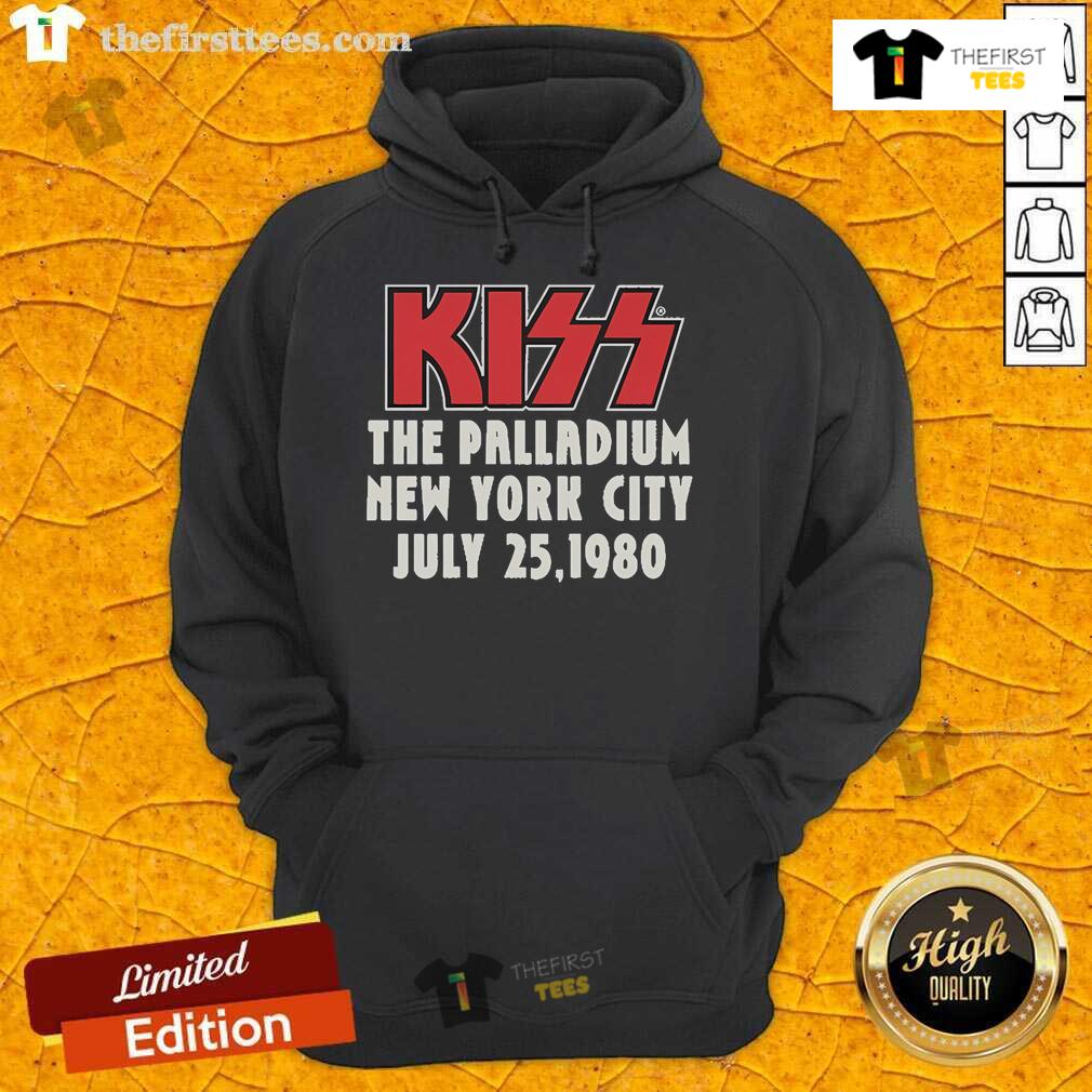 Alt Text: Official Kiss The Palladium hoodie from the July 25, 1980 concert in New York City, featuring iconic band logo.