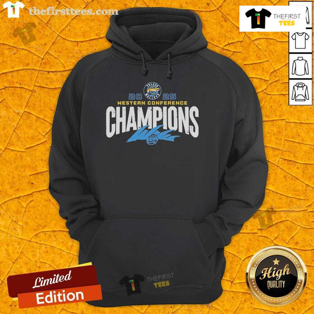 Official Toledo Walleye X 2025 ECHL Western Conference Champions hoodie featuring team logo and championship design.