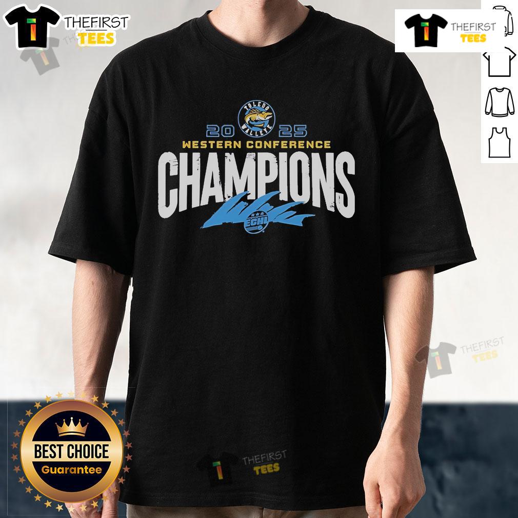Official Toledo Walleye X 2025 ECHL Western Conference Champions special t-shirt featuring team logo and celebratory design.