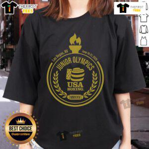 Alt Text: Official USA Boxing 2024 National Junior Olympic Summer Festival ladies tee featuring vibrant design and logo.