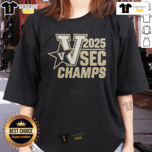 Official Vanderbilt Baseball 2025 SEC Champions ladies tee in navy blue featuring team logo and championship design.