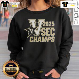 Vanderbilt Baseball 2025 SEC Champions sweatshirt featuring team logo and commemorative design in black and gold.