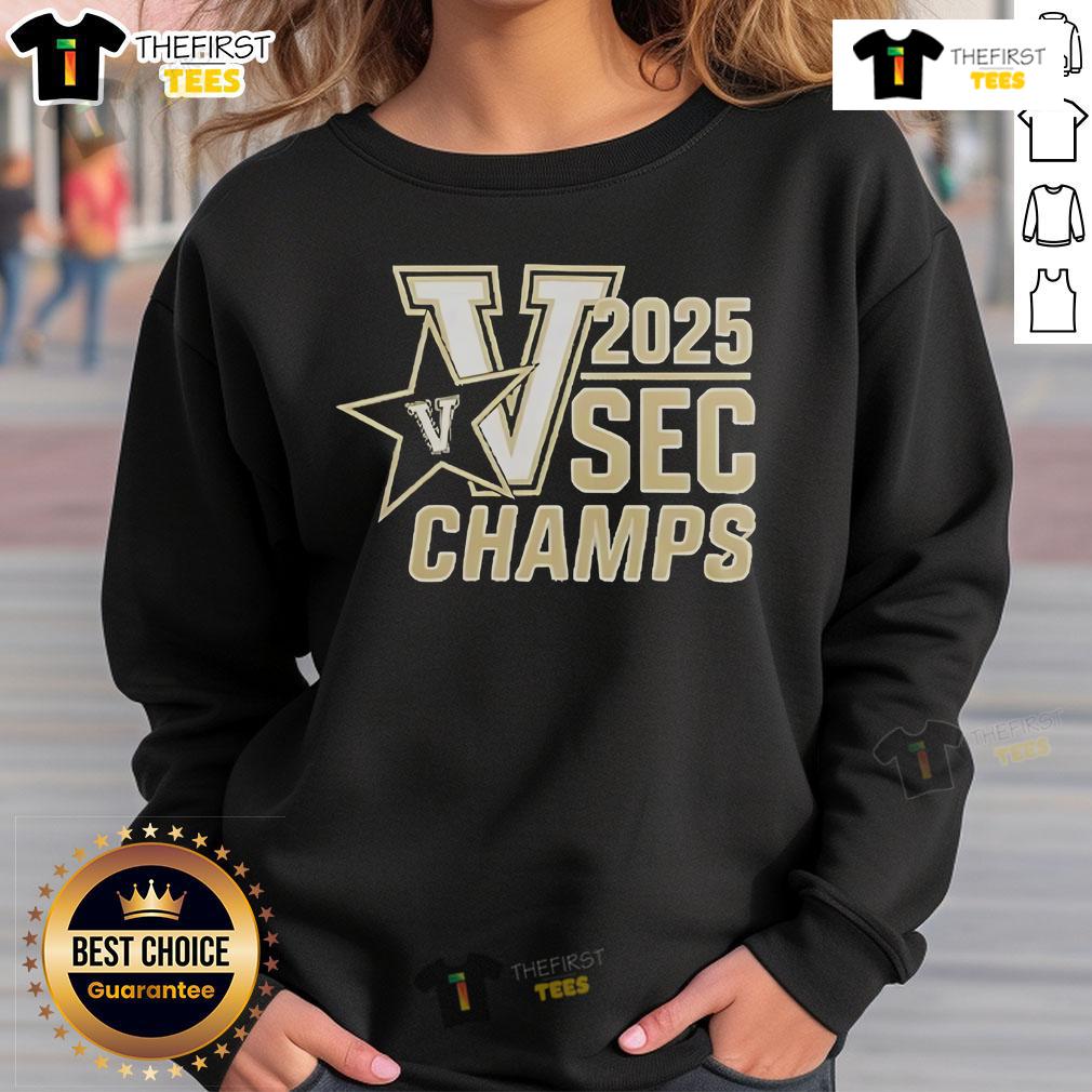 Vanderbilt Baseball 2025 SEC Champions sweatshirt featuring team logo and commemorative design in black and gold.
