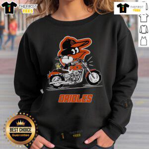 Alt Text: Original Snoopy and Woodstock driving a motorbike on a Baltimore Orioles sweatshirt, showcasing playful cartoon design.