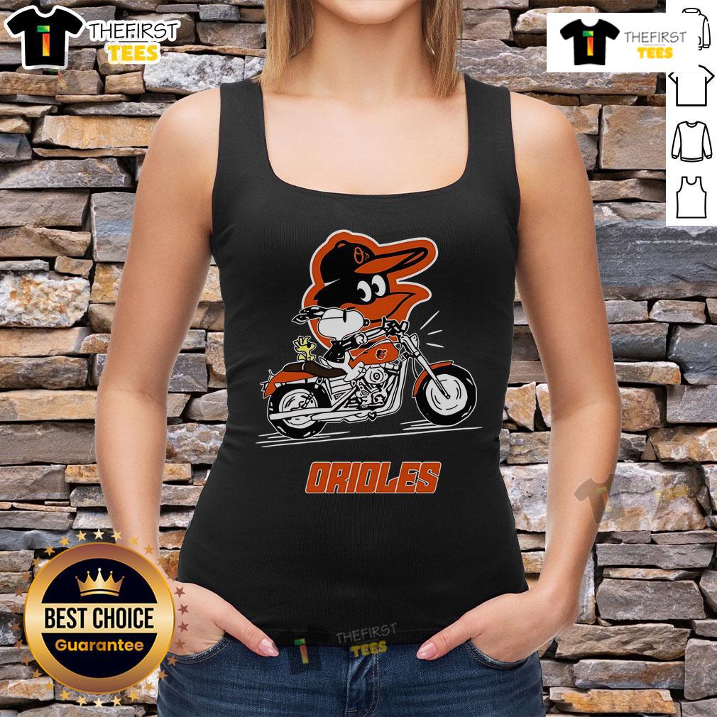 Alt Text: Original Snoopy and Woodstock driving a motorbike on a Baltimore Orioles tank top, showcasing playful cartoon art.