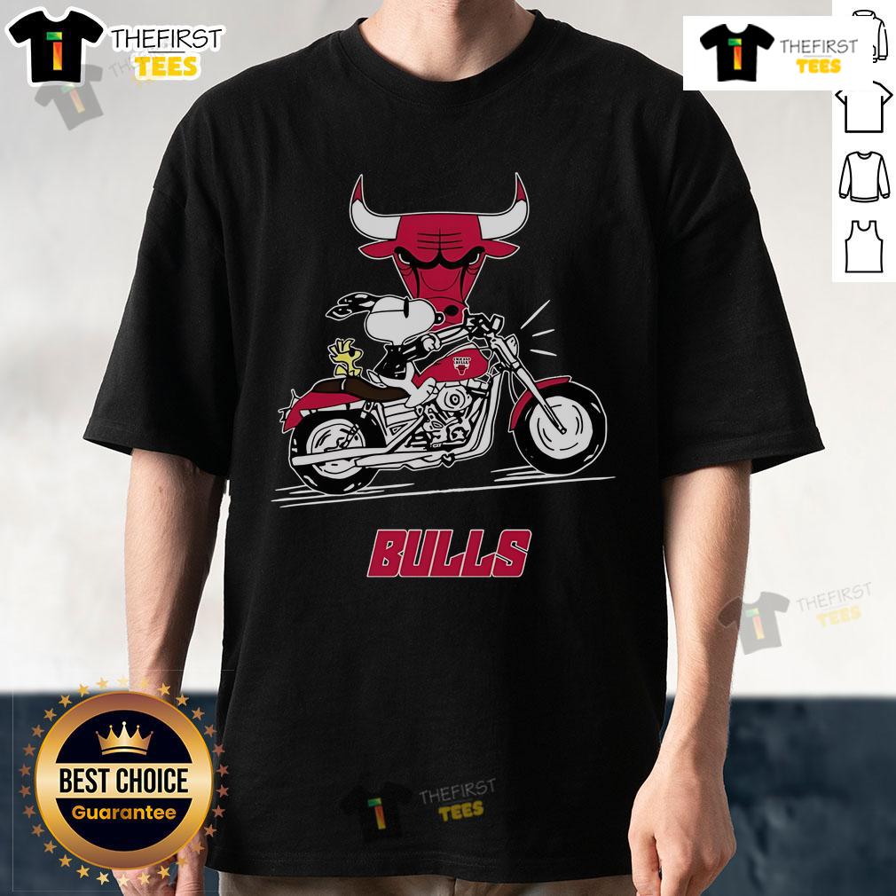 Alt Text: Original Snoopy and Woodstock on a motorbike Chicago Bulls T-Shirt, featuring vibrant colors and playful design.