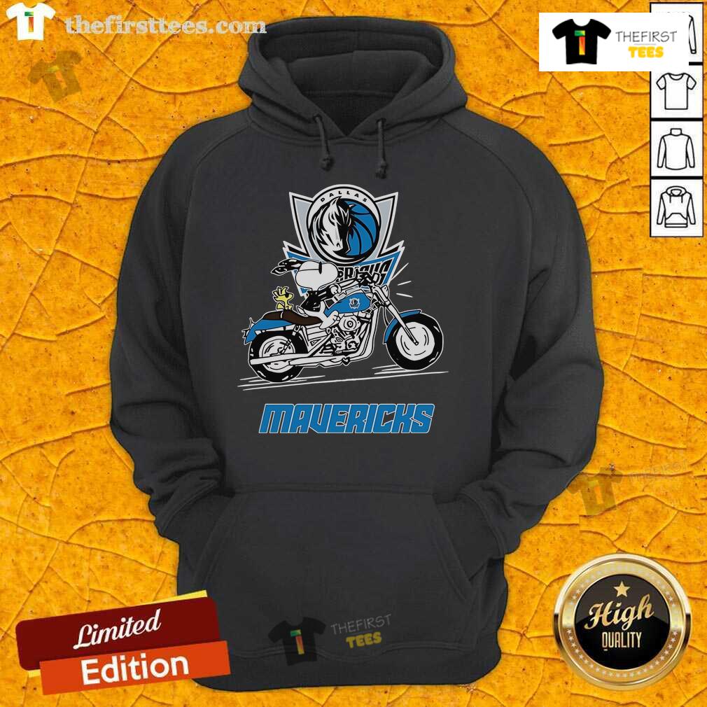 Original Snoopy and Woodstock driving a motorbike on Dallas Mavericks hoodie design, perfect for fans and collectors.