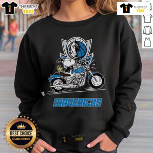 Alt Text: Original Snoopy and Woodstock driving a motorbike on a Dallas Mavericks sweatshirt, featuring vibrant colors and fun design.