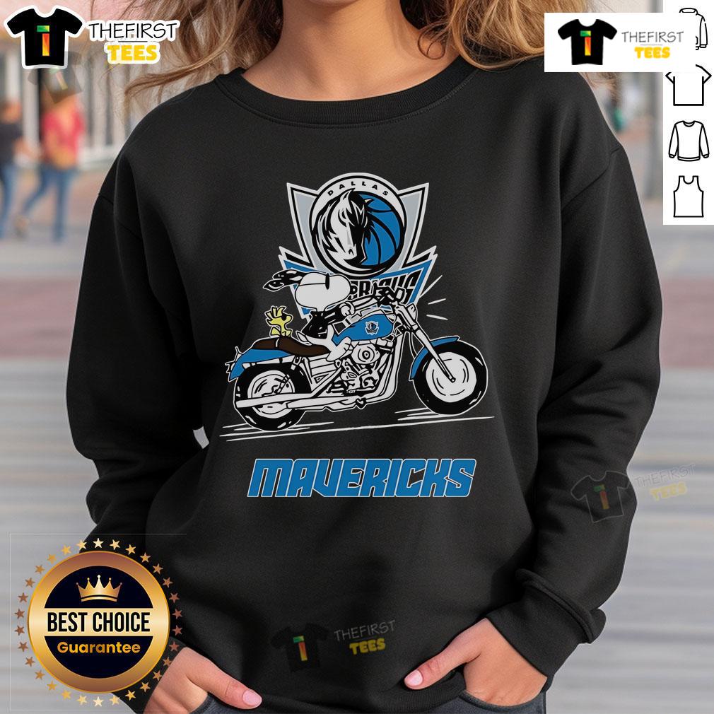 Alt Text: Original Snoopy and Woodstock driving a motorbike on a Dallas Mavericks sweatshirt, featuring vibrant colors and fun design.
