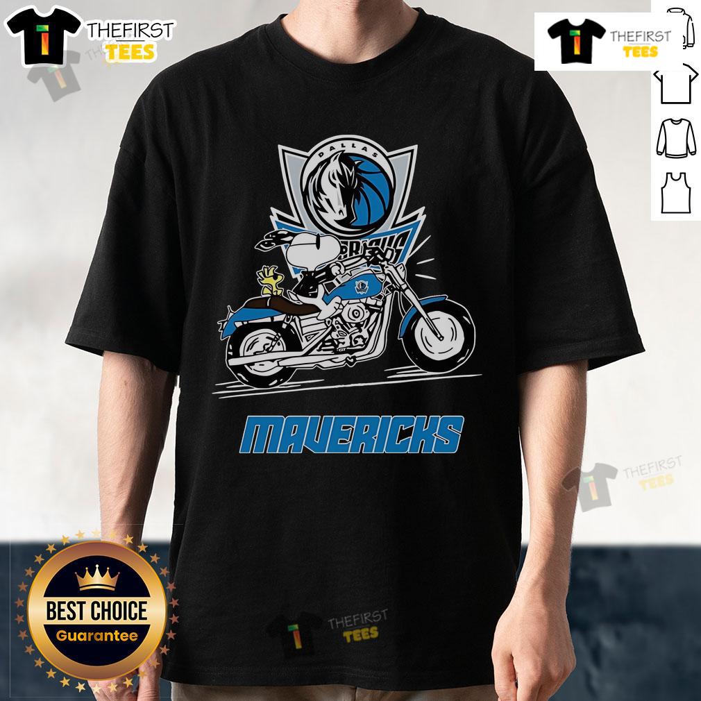 Original Snoopy and Woodstock driving a motorbike on a Dallas Mavericks T-shirt design, perfect for fans and collectors.