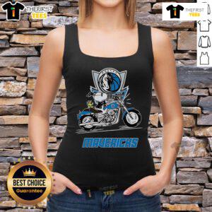 Original Snoopy and Woodstock driving a motorbike on a Dallas Mavericks tank top, vibrant and playful design.