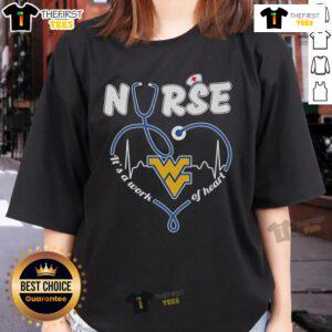 Alt Text: Original West Virginia Nurse It's A Work Of Heart ladies tee featuring a stylish design for proud nurses.