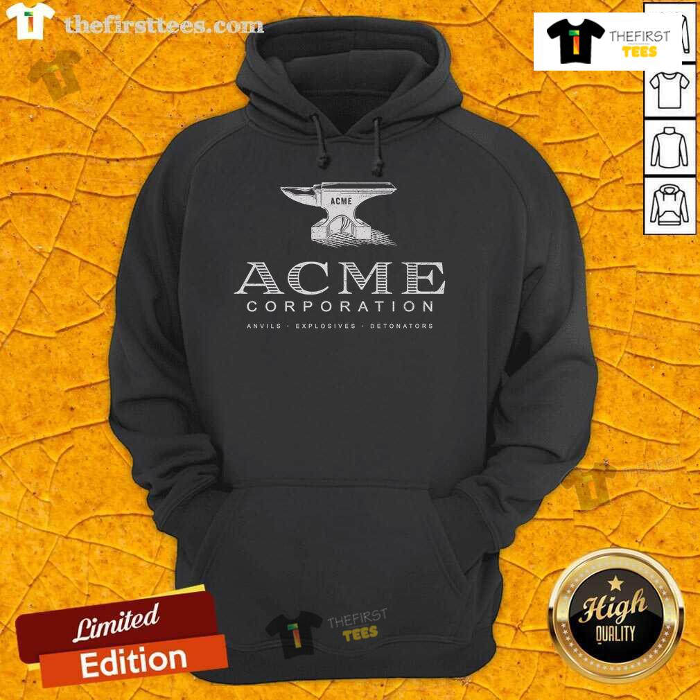 Alt Text: Premium ACME Corporation hoodie featuring an anvil and explosives detonator graphic, perfect for fans of quirky apparel.