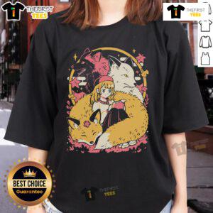 Cute anime girl with pretty cozy foxes on a ladies tee, perfect for animal lovers and anime fans.