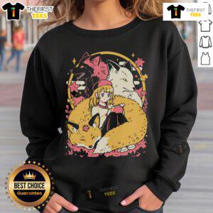 Cute anime girl in a Pretty Cozy Foxes sweatshirt, featuring adorable fox graphics and vibrant colors.