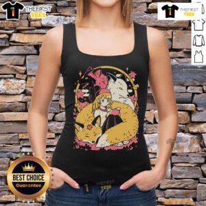Alt Text: Cute anime girl wearing a Pretty Cozy Foxes tank top, showcasing vibrant colors and adorable fox graphics.