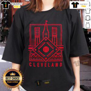 Alt Text: Top Cleveland baseball diamond linework design on a stylish ladies tee for sports fans and casual wear.