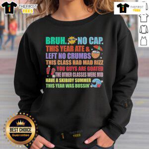 Happy teachers in 'Bruh' sweatshirt celebrate last days of school, showcasing top Gen A slang in a fun classroom setting.