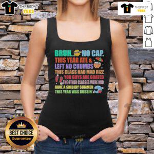 Happy teachers wearing 'Bruh' tank tops celebrate the last days of school in a vibrant classroom setting.