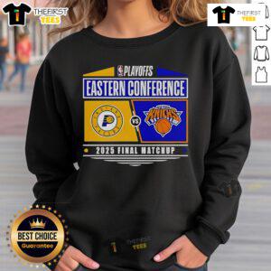 Alt Text: 2025 Eastern Conference Finals sweatshirt featuring Indiana Pacers vs New York Knicks NBA Playoffs design.