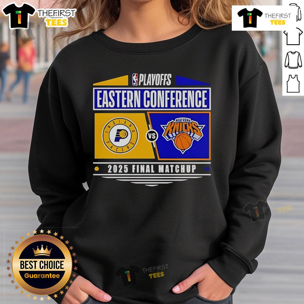Alt Text: 2025 Eastern Conference Finals sweatshirt featuring Indiana Pacers vs New York Knicks NBA Playoffs design.