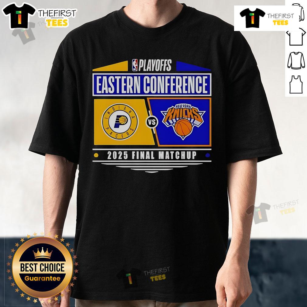 Top Indiana Pacers vs New York Knicks 2025 Eastern Conference Finals NBA Playoffs T-Shirt featuring team logos and vibrant design.